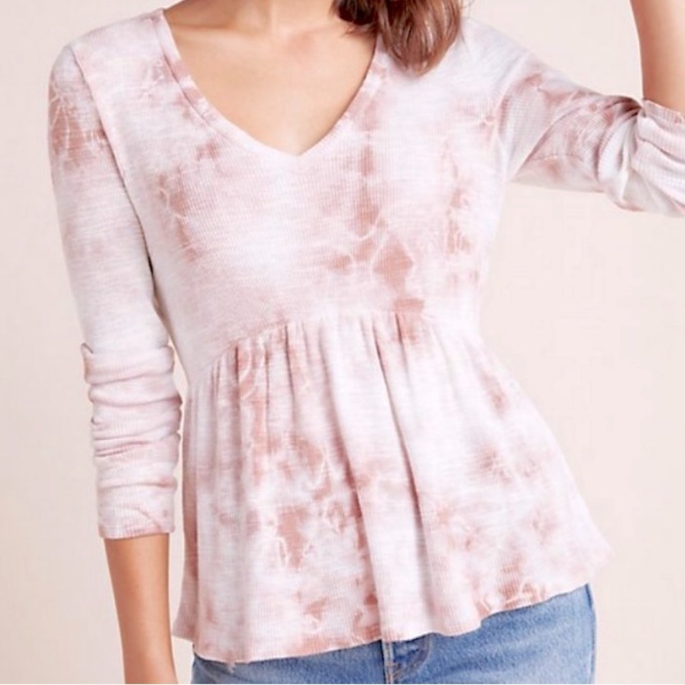 ANTHROPOLOGIE T.La PINK TIE DYE V-NECK JILL BABYDOLL PEPLUM TOP
